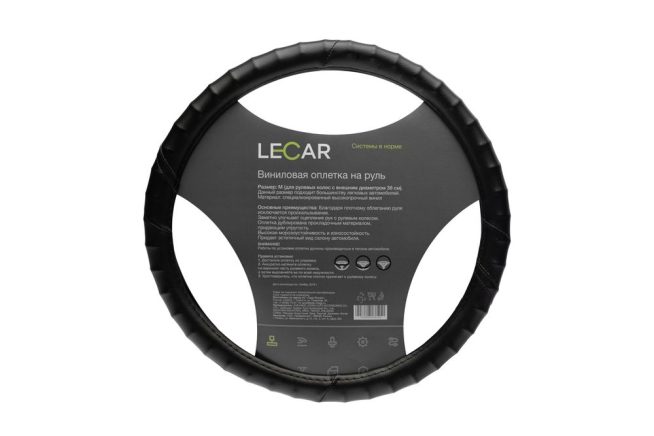 Оплетка на руль, винил, ребристый обод, М (38 см), цвет черный LECAR