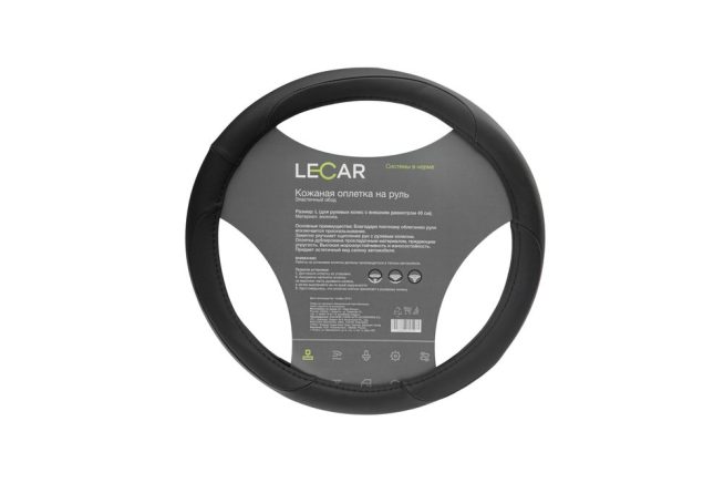 Оплетка на руль из кожи, эластичный обод, L (40 см), цвет черный LECAR